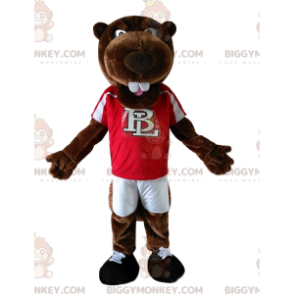 Kostium maskotki BIGGYMONKEY™ z brązowego bobra z czerwoną