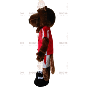 Kostium maskotki BIGGYMONKEY™ z brązowego bobra z czerwoną