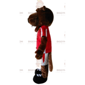 Στολή μασκότ BIGGYMONKEY™ από καφέ κάστορα με κόκκινη φανέλα. -