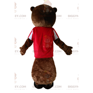 Στολή μασκότ BIGGYMONKEY™ από καφέ κάστορα με κόκκινη φανέλα. -