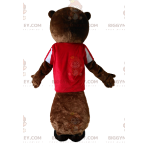 Ruskean majavan BIGGYMONKEY™ maskottiasu punaisella trikoolla.