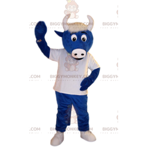 Costume de mascotte BIGGYMONKEY™ de bœuf bleu, avec un maillot
