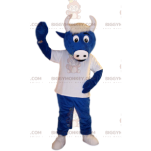 Kostým maskota modrého vola BIGGYMONKEY™ s bílým dresem. volský kostým - Jídlo maskot - BIGGYMONKEY_012836 - BiggyMonkey.com