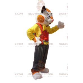  Kostým maskota BIGGYMONKEY™ bílé a zázvorové kočky s hnědým overalem - Kočičí maskoti - BIGGYMONKEY_012840 - BiggyMonkey.com