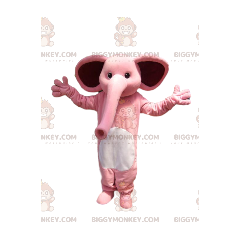 BIGGYMONKEY™ mascot costume of a pink elephant, with a huge BIGGYMONKEY™ mascot costume of a pink elephant, with a huge