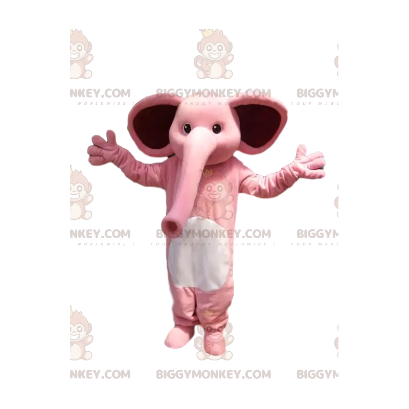 Kostým maskota BIGGYMONKEY™ růžového slona s velkým chobotem. – Kostým maskota BIGGYMONKEY™ růžového slona s velkým chobotem. –