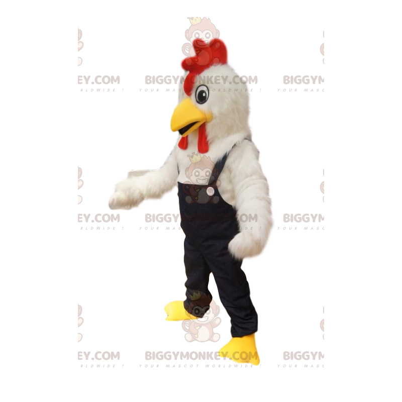  Vit kyckling BIGGYMONKEY™ maskotdräkt med jeansoverall. - Höns maskot - tuppar - kycklingar - BiggyMonkey.com