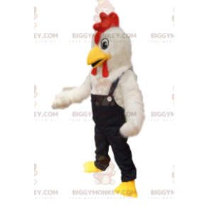  Vit kyckling BIGGYMONKEY™ maskotdräkt med jeansoverall. - Höns maskot - tuppar - kycklingar - BiggyMonkey.com