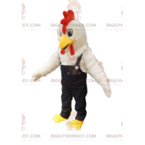  Vit kyckling BIGGYMONKEY™ maskotdräkt med jeansoverall. - Höns maskot - tuppar - kycklingar - BiggyMonkey.com