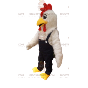  Vit kyckling BIGGYMONKEY™ maskotdräkt med jeansoverall. - Höns maskot - tuppar - kycklingar - BiggyMonkey.com