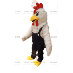  Vit kyckling BIGGYMONKEY™ maskotdräkt med jeansoverall. - Höns maskot - tuppar - kycklingar - BiggyMonkey.com