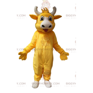 Costume de mascotte BIGGYMONKEY™ de vache jaune super joyeuse.