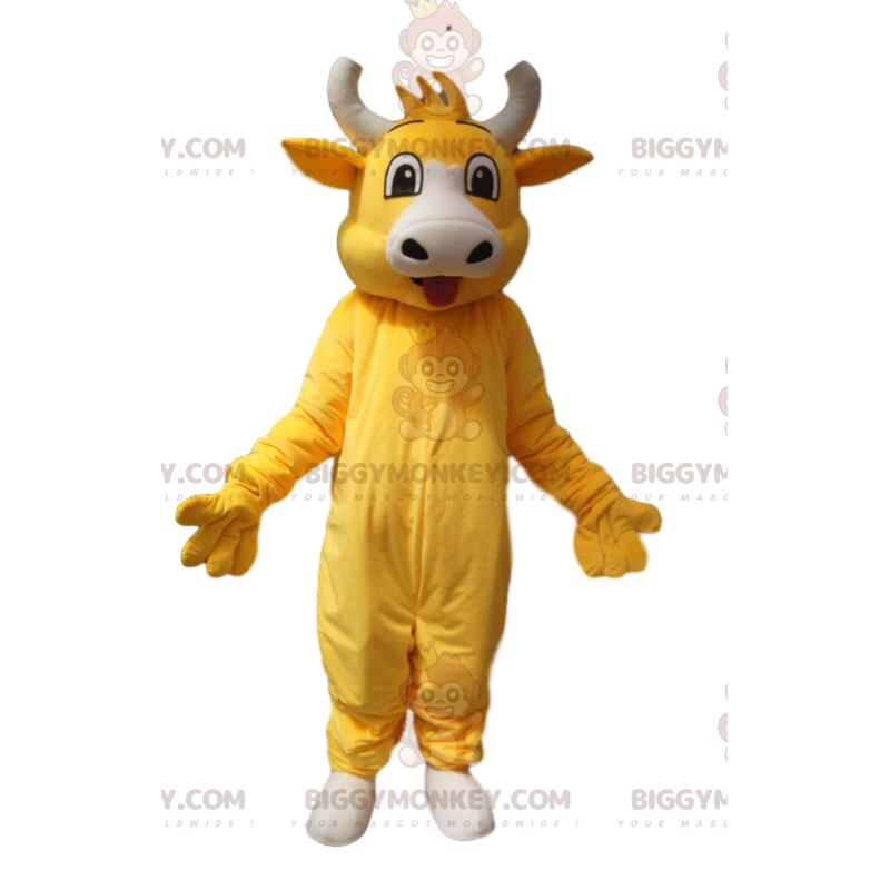 Costume da mascotte BIGGYMONKEY™ di mucca gialla super allegra. Costume da mascotte BIGGYMONKEY™ di mucca gialla super allegra.