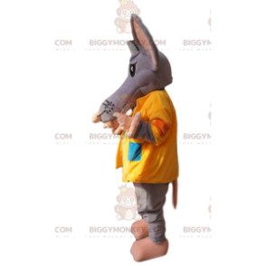 Traje de mascote de rato cinza BIGGYMONKEY™ com jaqueta amarela