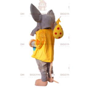 Traje de mascote de rato cinza BIGGYMONKEY™ com jaqueta amarela