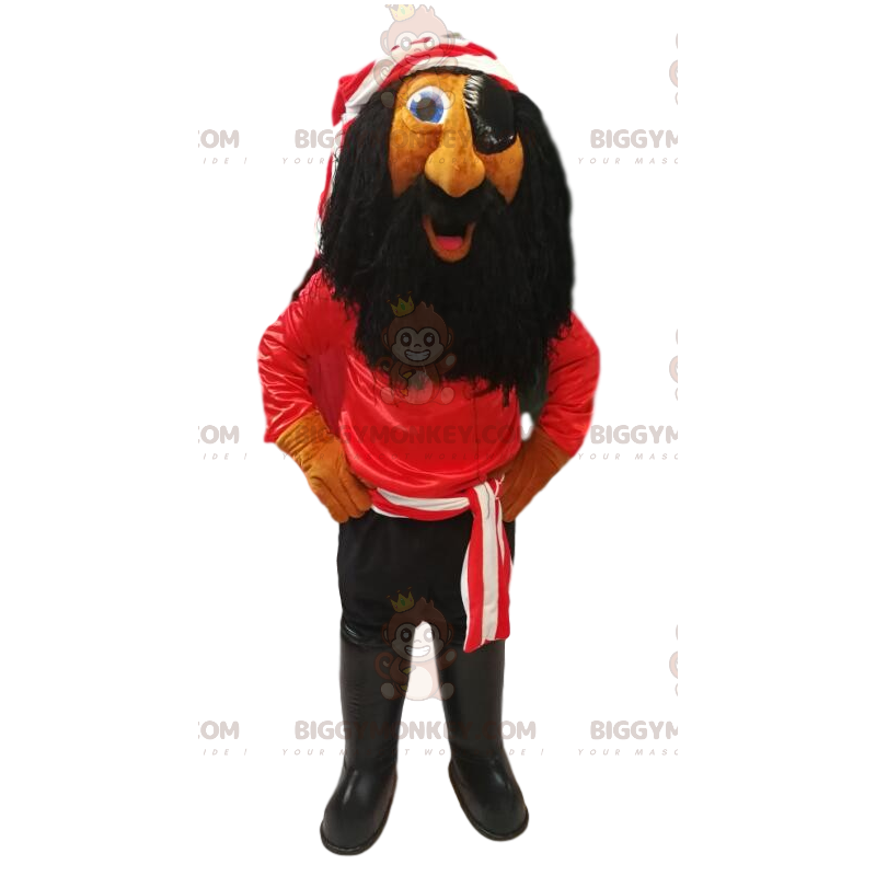 Pirat BIGGYMONKEY™ maskotkostume med rød T-shirt og langt sort Pirat BIGGYMONKEY™ maskotkostume med rød T-shirt og langt sort