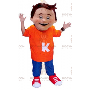 Little boy BIGGYMONKEY™ mascot costume wearing orange and blue