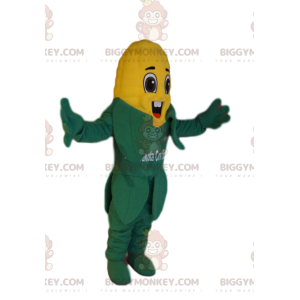 Costume de mascotte BIGGYMONKEY™ d'épi de maïs très heureux.