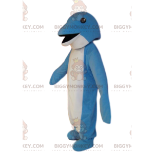 Πολύ χαμογελαστό μπλε και άσπρο δελφίνι στολή μασκότ