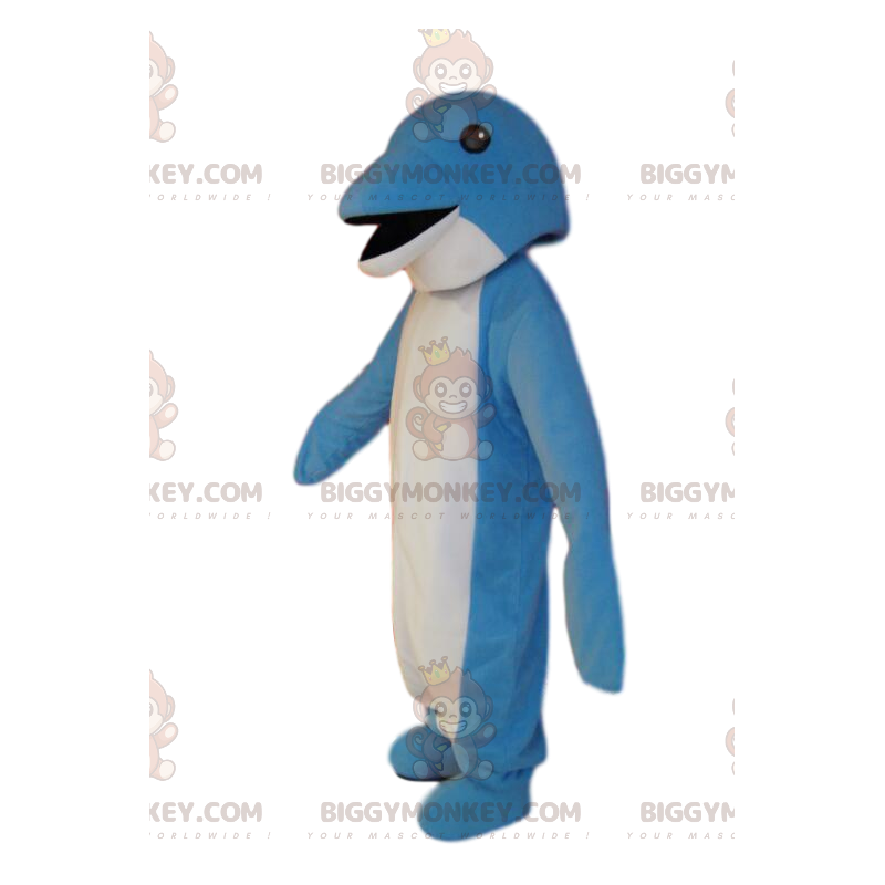 Very smiling blue and white dolphin BIGGYMONKEY™ mascot