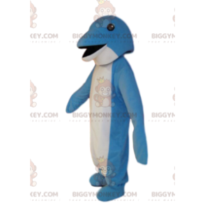 Very smiling blue and white dolphin BIGGYMONKEY™ mascot