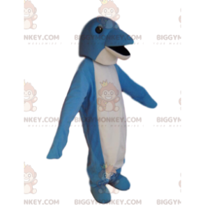 Velmi usměvavý kostým maskota modrobílého delfína BIGGYMONKEY™.