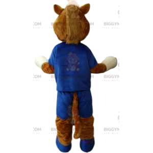 BIGGYMONKEY™ mascot costume of brown horse in blue sportswear.