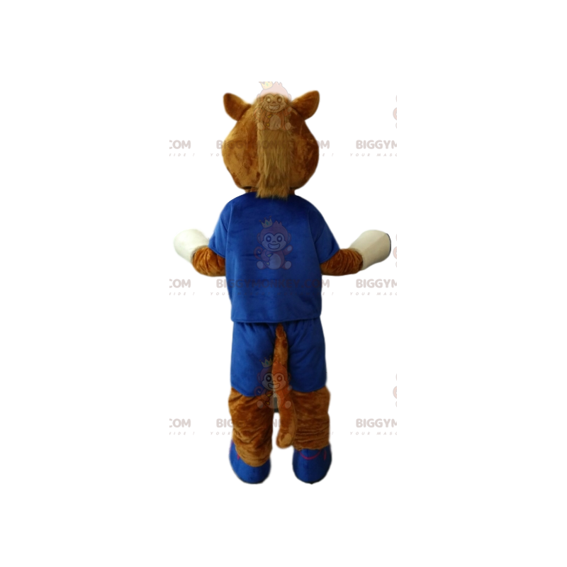  Fato de mascote BIGGYMONKEY™ de cavalo castanho em roupa desportiva azul. - Mascotes de cavalo - BiggyMonkey.com