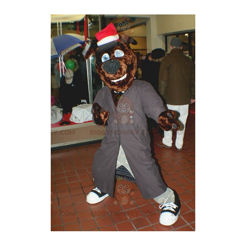 Ruskea koiran BIGGYMONKEY™ maskottiasu, jossa pitkä harmaa Ruskea koiran BIGGYMONKEY™ maskottiasu, jossa pitkä harmaa
