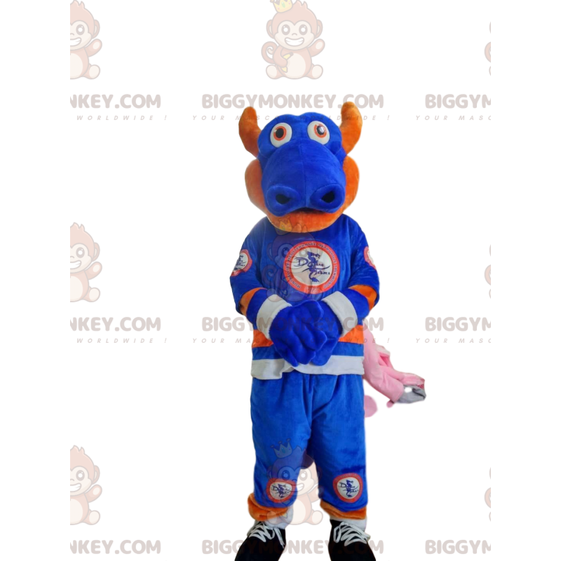 Blauwe en oranje draak BIGGYMONKEY™ mascottekostuum in Blauwe en oranje draak BIGGYMONKEY™ mascottekostuum in