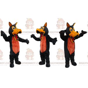 BIGGYMONKEY™ maskottiasu, musta ja oranssi susi, suurilla