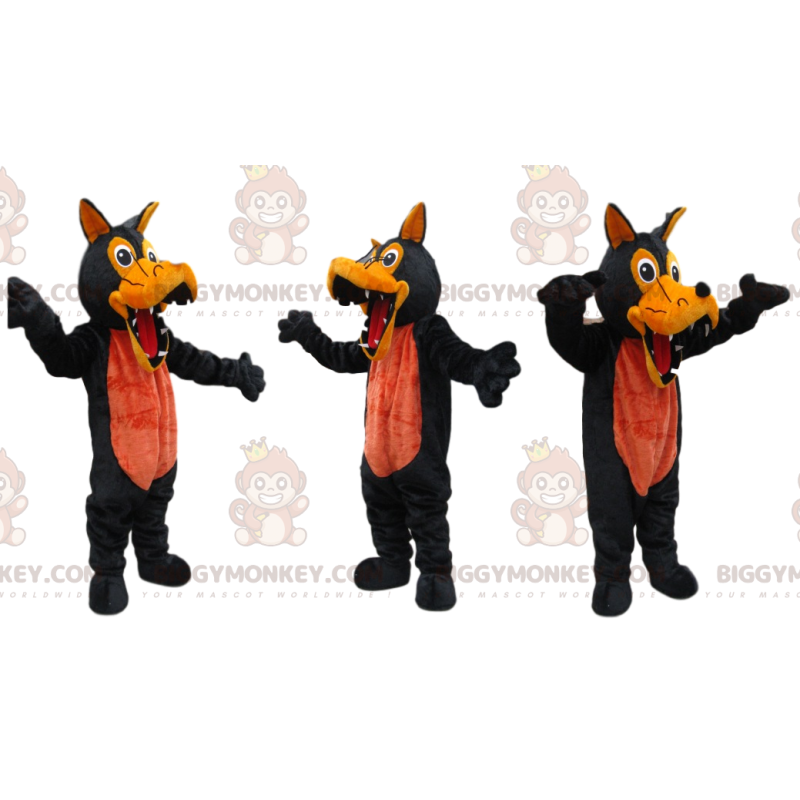 BIGGYMONKEY™ Costume da mascotte Lupo nero e arancione con BIGGYMONKEY™ Costume da mascotte Lupo nero e arancione con