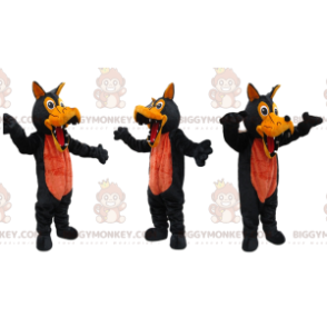BIGGYMONKEY™ maskottiasu, musta ja oranssi susi, suurilla