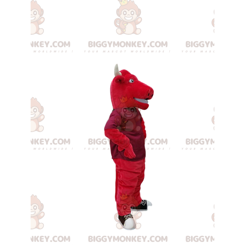 BIGGYMONKEY™ mascot costume of red bull with big white horns. -
