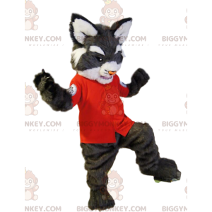 BIGGYMONKEY™ Maskottchenkostüm Graue Wildkatze mit rotem Hemd -