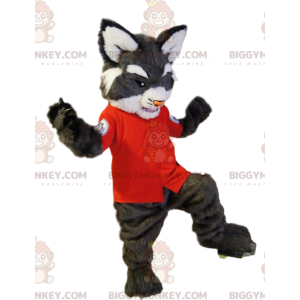 Kostým maskota BIGGYMONKEY™ Šedá divoká kočka s červenou košilí