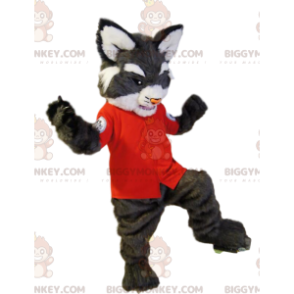 Traje de mascote BIGGYMONKEY™ gato selvagem cinza com camisa vermelha - Mascotes de gatos - BIGGYMONKEY_012902 - BiggyMonkey.com