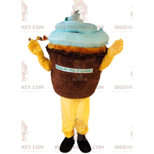 Costume de mascotte BIGGYMONKEY™ de cup-cake marron et bleu.