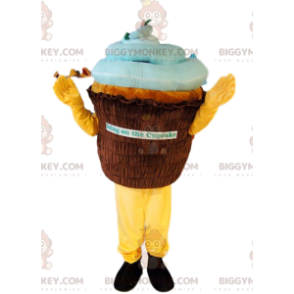 Kostým maskota BIGGYMONKEY™ hnědý a modrý cupcake. košíček kostým - Jídlo maskot - BIGGYMONKEY_012903 - BiggyMonkey.com