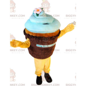 Καφέ και μπλε κοστούμι μασκότ BIGGYMONKEY™ Cupcake. κοστούμι