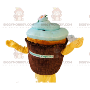 Καφέ και μπλε κοστούμι μασκότ BIGGYMONKEY™ Cupcake. κοστούμι