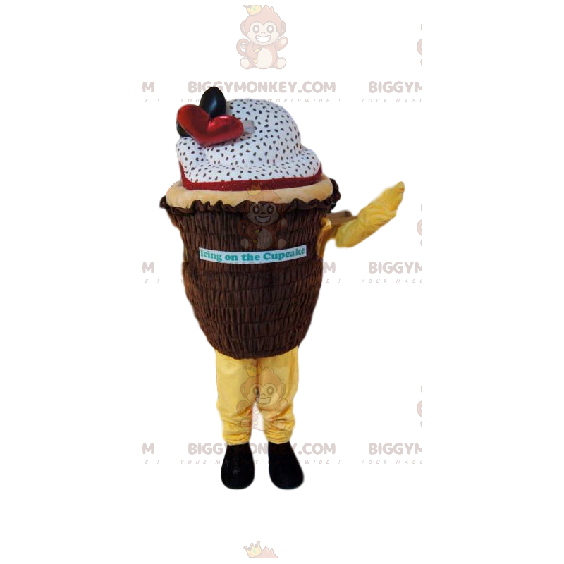 BIGGYMONKEY™ maskottiasu valkoisesta ja ruskeasta cupcakesta BIGGYMONKEY™ maskottiasu valkoisesta ja ruskeasta cupcakesta