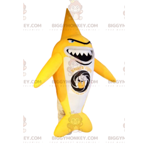 Disfraz de mascota tiburón amarillo y blanco muy original