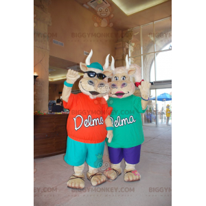 2 BIGGYMONKEY™s beige cow mascots in colorful outfits -