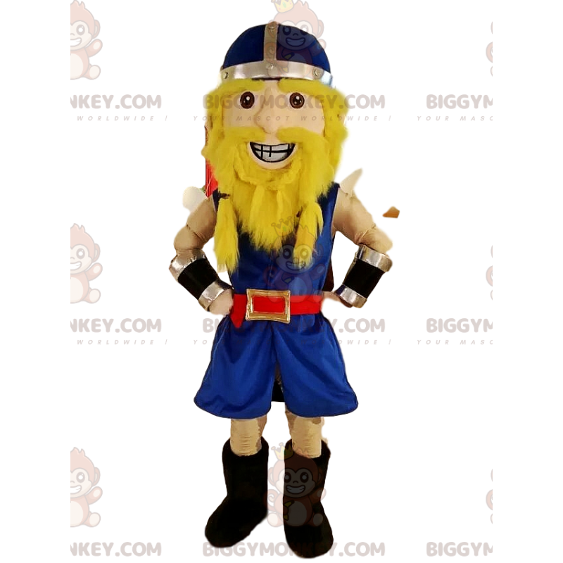 Viking BIGGYMONKEY™ mascot costume in traditional blue outfit Viking BIGGYMONKEY™ mascot costume in traditional blue outfit