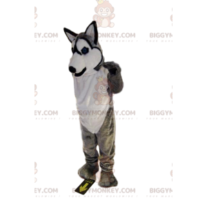 BIGGYMONKEY™ maskotkostume af smilende grå og hvid husky. ulv