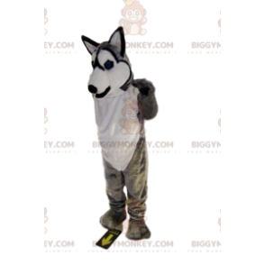 BIGGYMONKEY™ mascot costume of smiling gray and white husky.