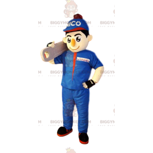 BIGGYMONKEY™ mascot costume of handyman in blue work clothes. -