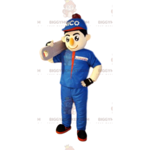 Στολή μασκότ BIGGYMONKEY™ τεχνίτη με μπλε ρούχα εργασίας. -