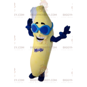 Happy Banana BIGGYMONKEY™ maskotkostume, med blå solbriller - Frugt maskot - BIGGYMONKEY_012924 - BiggyMonkey.com